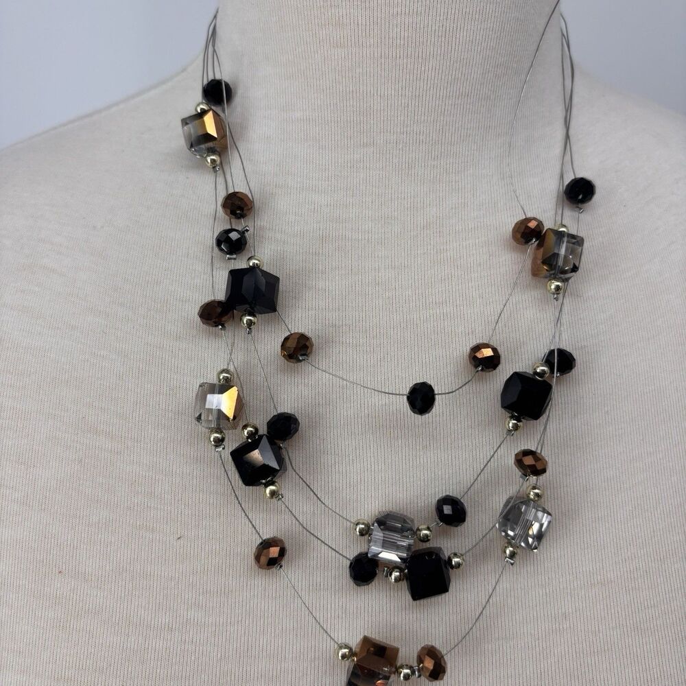 Multi Strand Illusion Necklace Black Brown Crystal Beaded Floating Layered